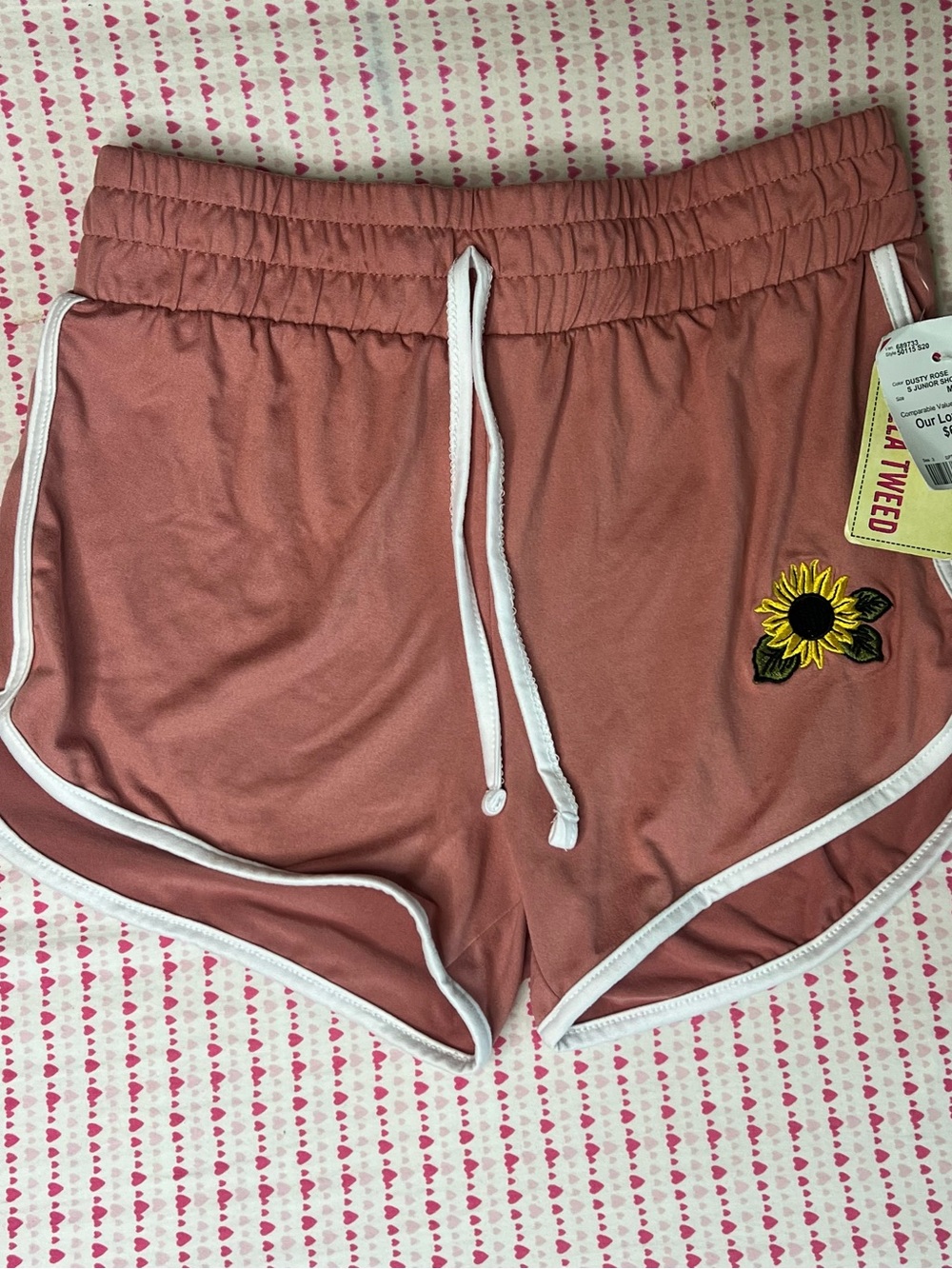 Stella Tweed Dusty Rose Athletic Shorts with Sunflower Patch